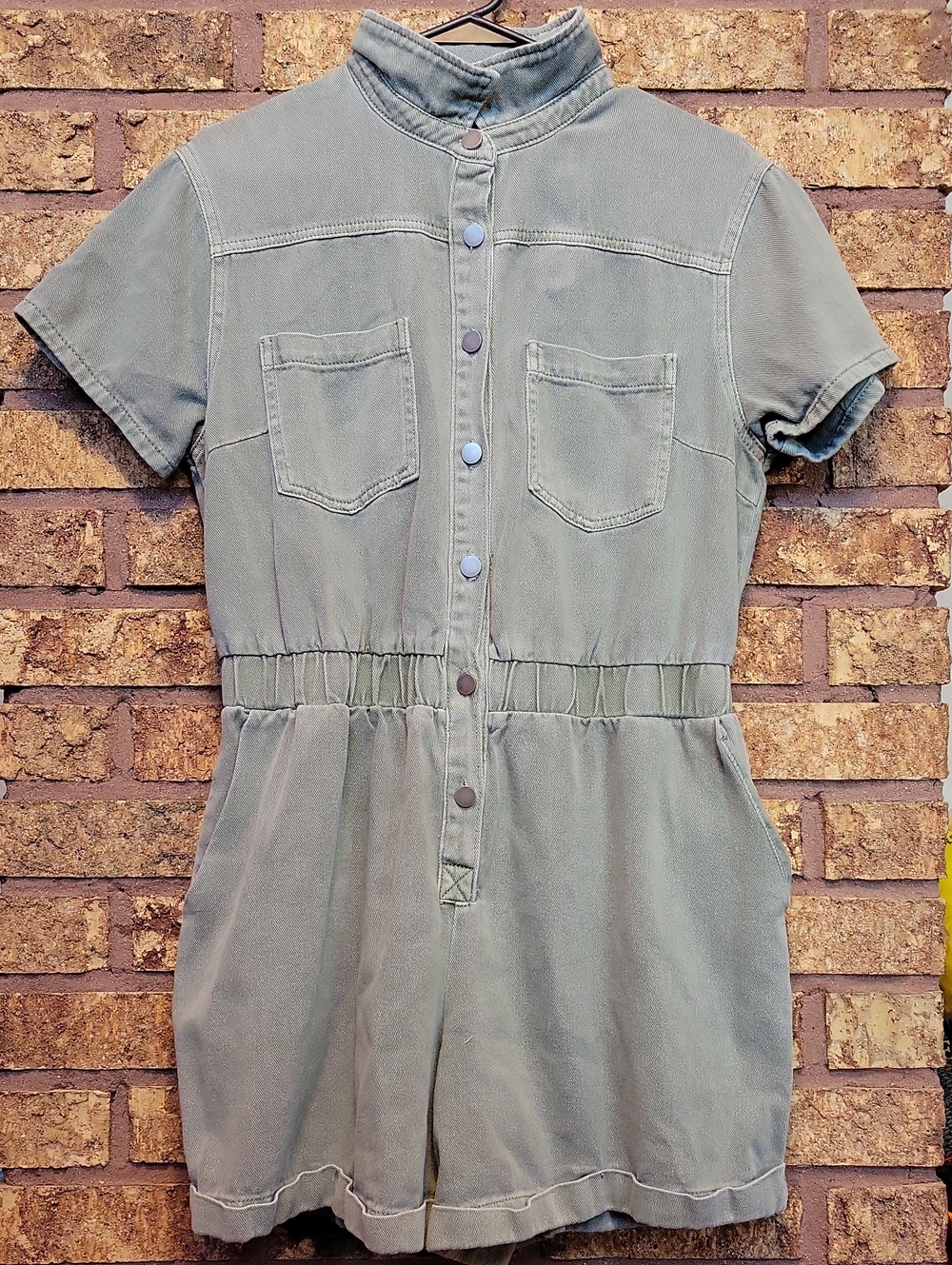 bohme Sage Green Short-Sleeve Utility Romper Size Medium Cotton Casual
